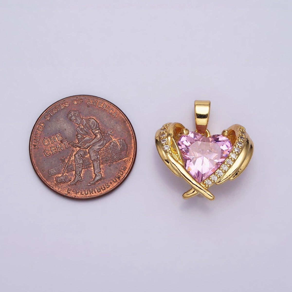 16K Gold Filled Pink CZ Heart Micro Paved Wings Pendant | AA485 - DLUXCA