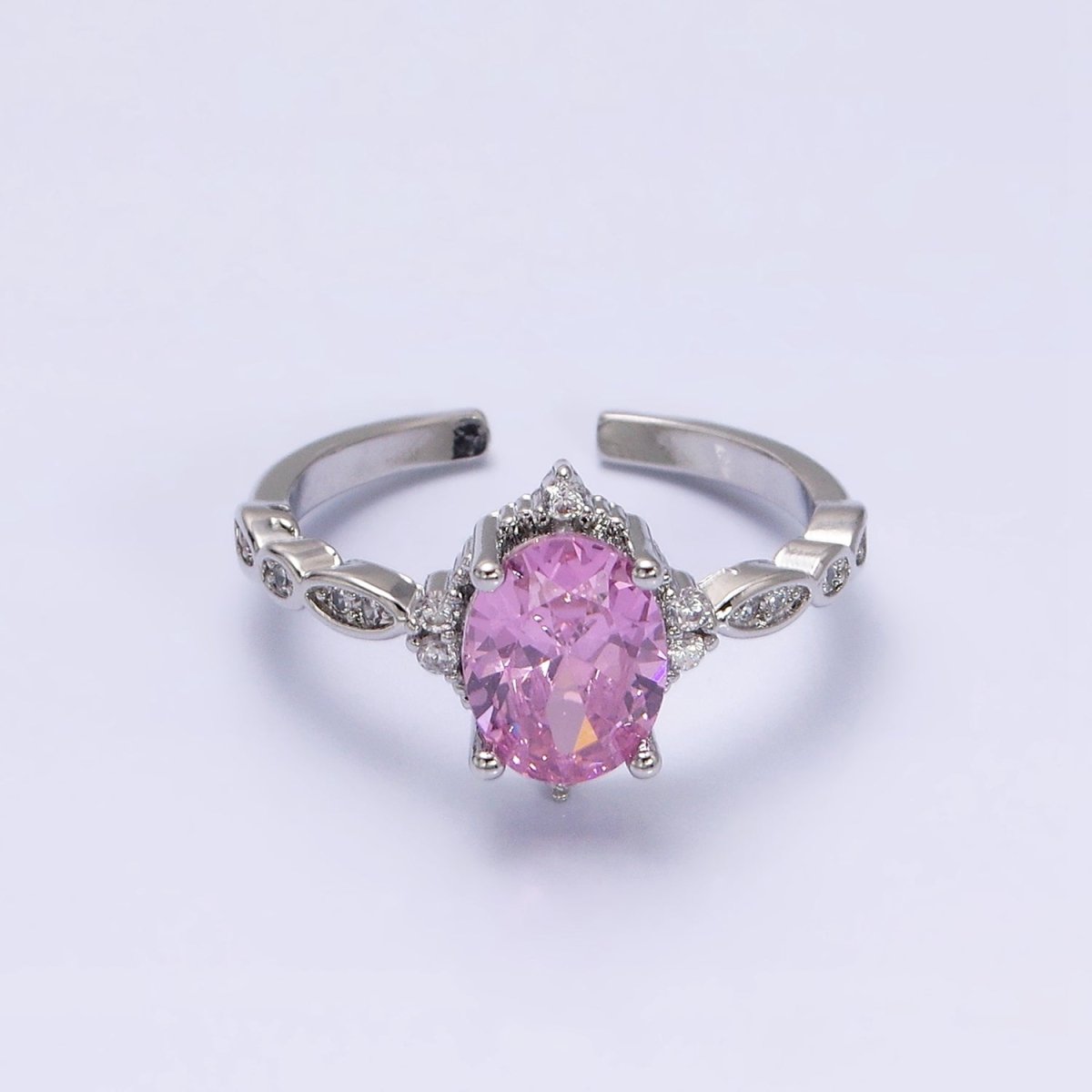 16K Gold Filled Pink CZ Oval Micro Paved Adjustable Ring in Gold & Silver | O-1605 O-1606