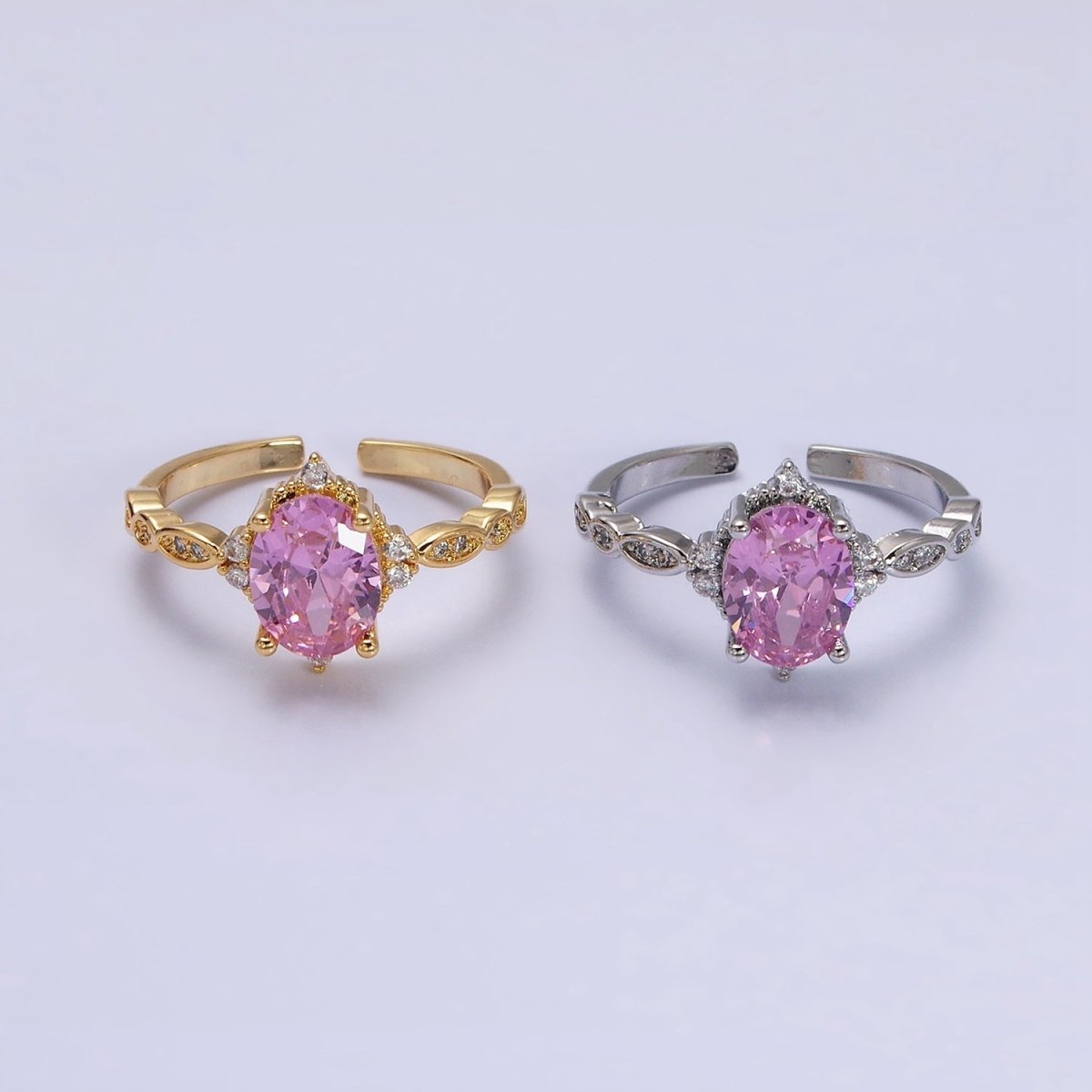 16K Gold Filled Pink CZ Oval Micro Paved Adjustable Ring in Gold & Silver | O-1605 O-1606