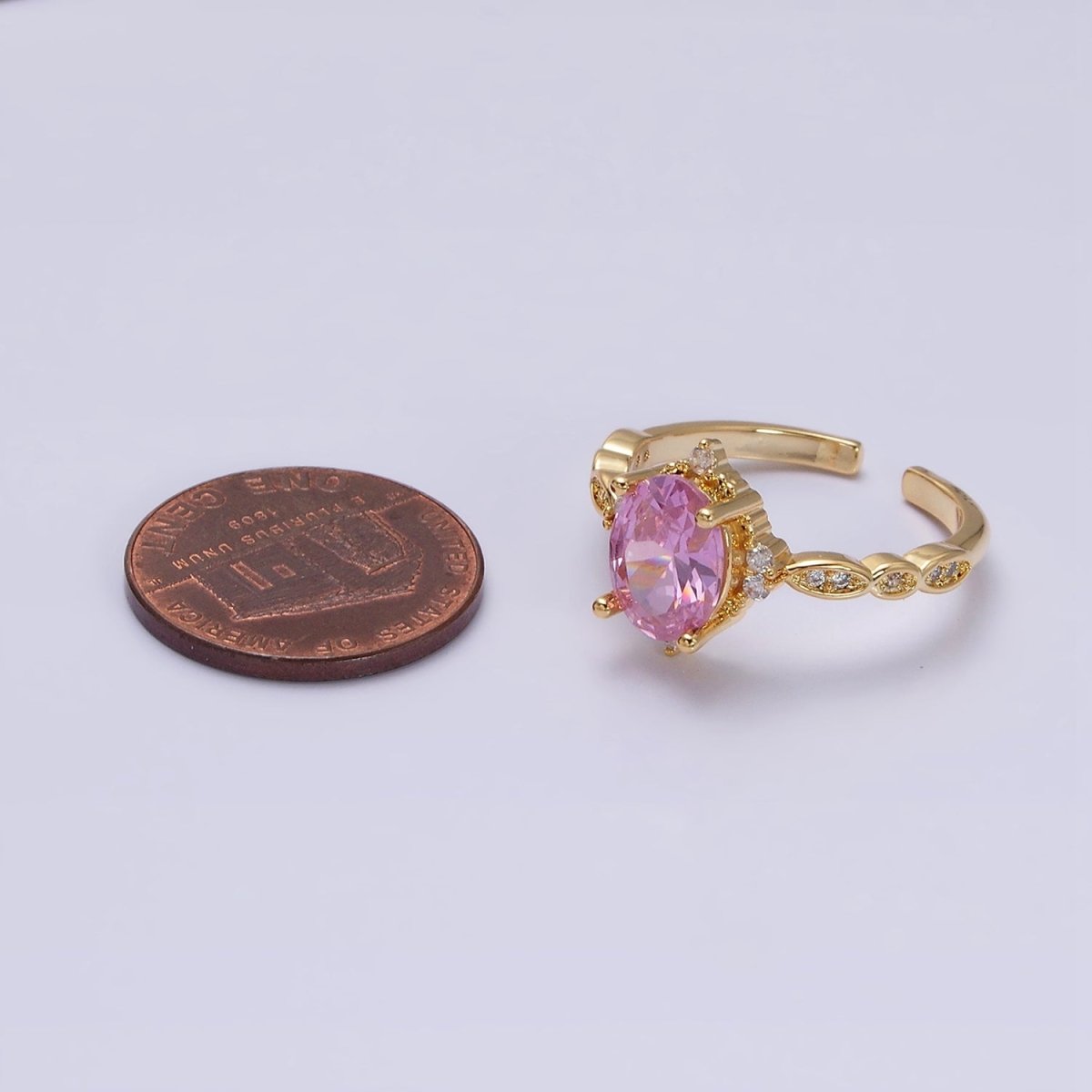 16K Gold Filled Pink CZ Oval Micro Paved Adjustable Ring in Gold & Silver | O-1605 O-1606