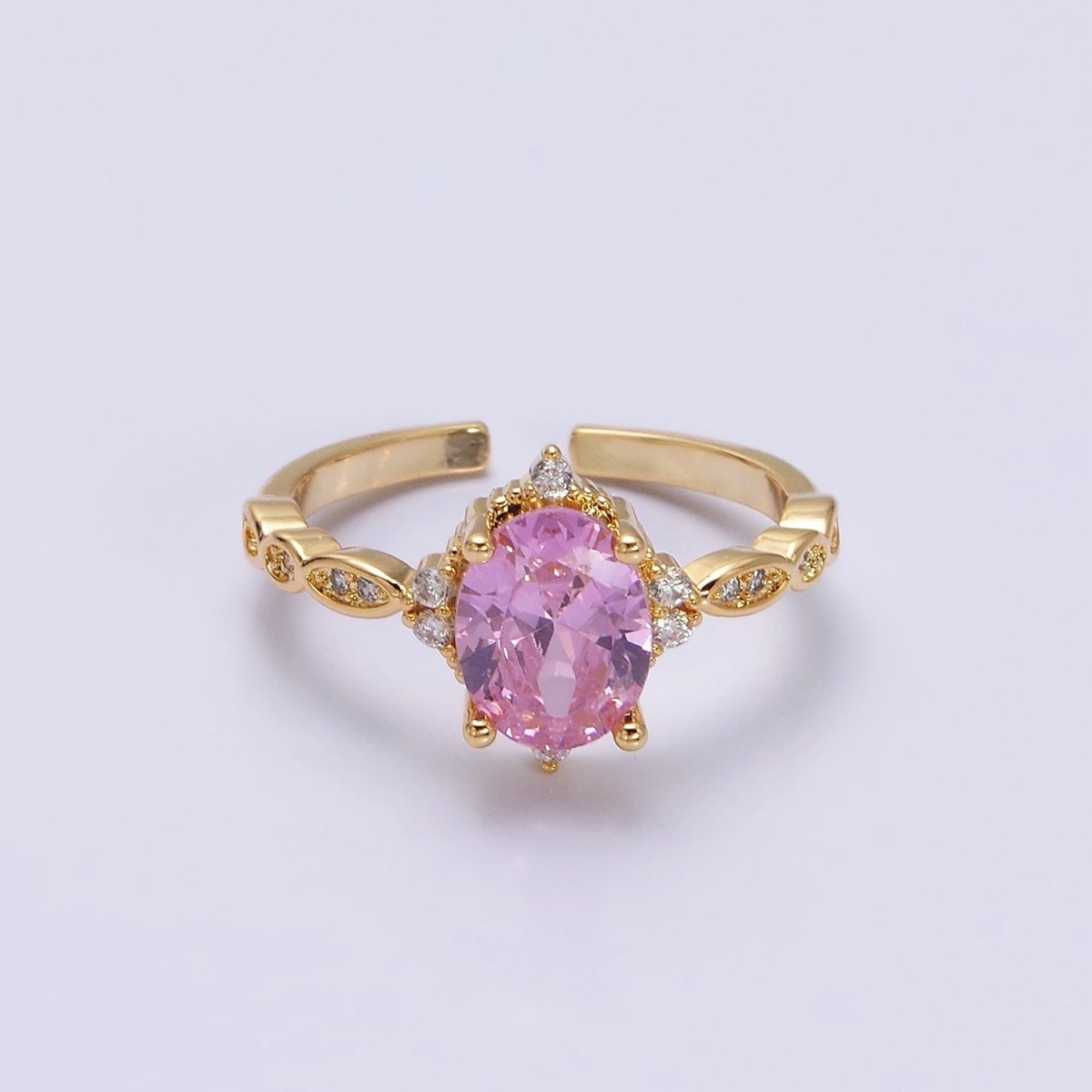 16K Gold Filled Pink CZ Oval Micro Paved Adjustable Ring in Gold & Silver | O-1605 O-1606