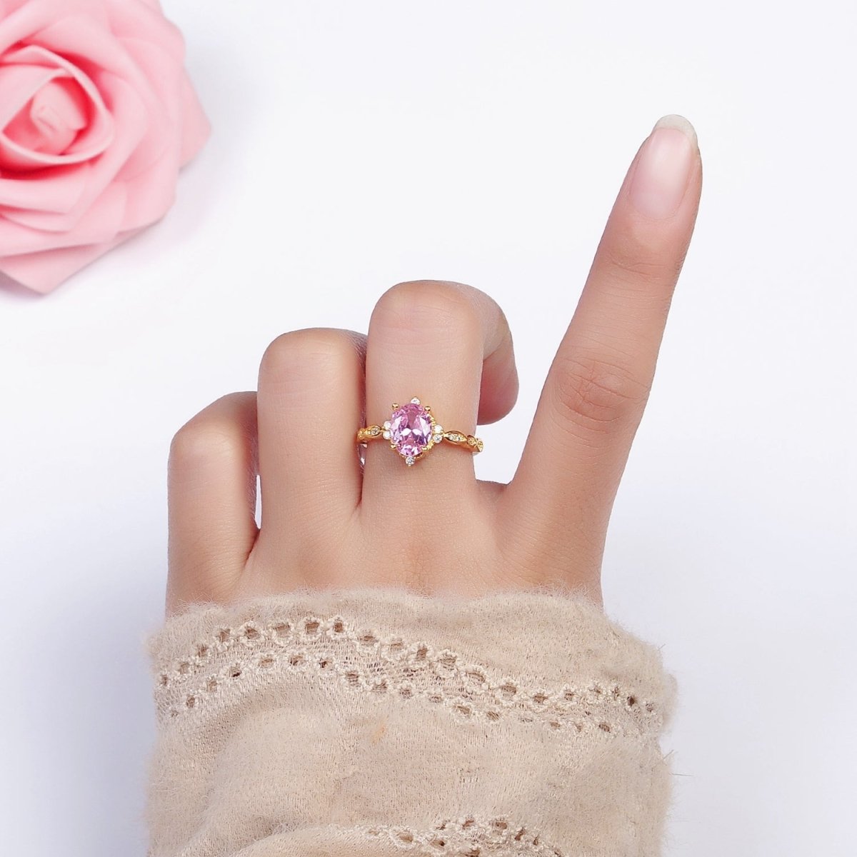 16K Gold Filled Pink CZ Oval Micro Paved Adjustable Ring in Gold & Silver | O-1605 O-1606