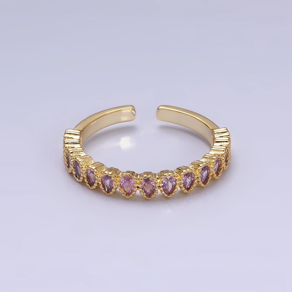 16K Gold Filled Pink CZ Teardrop Lined Open Adjustable Ring in Gold & Silver | O-1603 O-1604