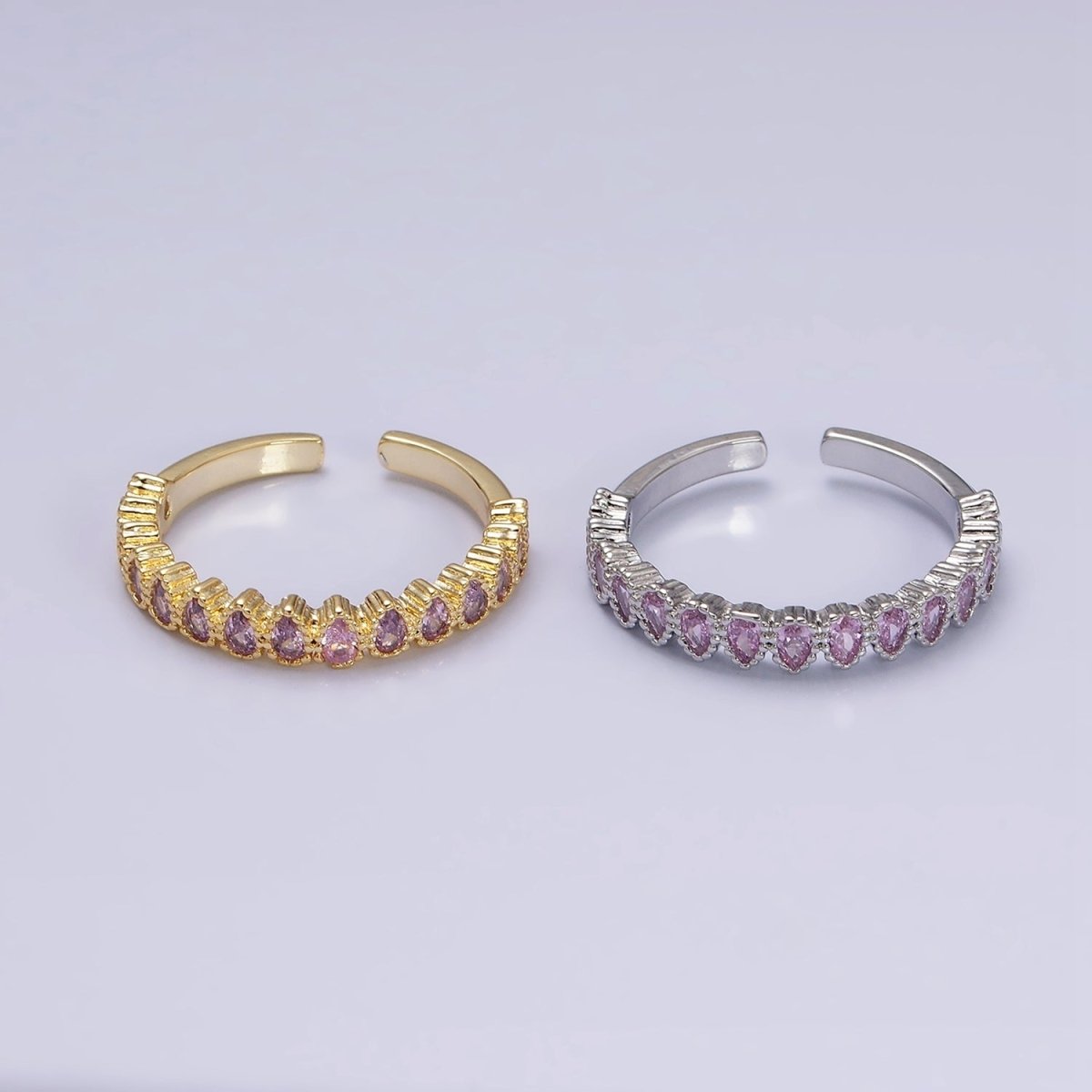 16K Gold Filled Pink CZ Teardrop Lined Open Adjustable Ring in Gold & Silver | O-1603 O-1604
