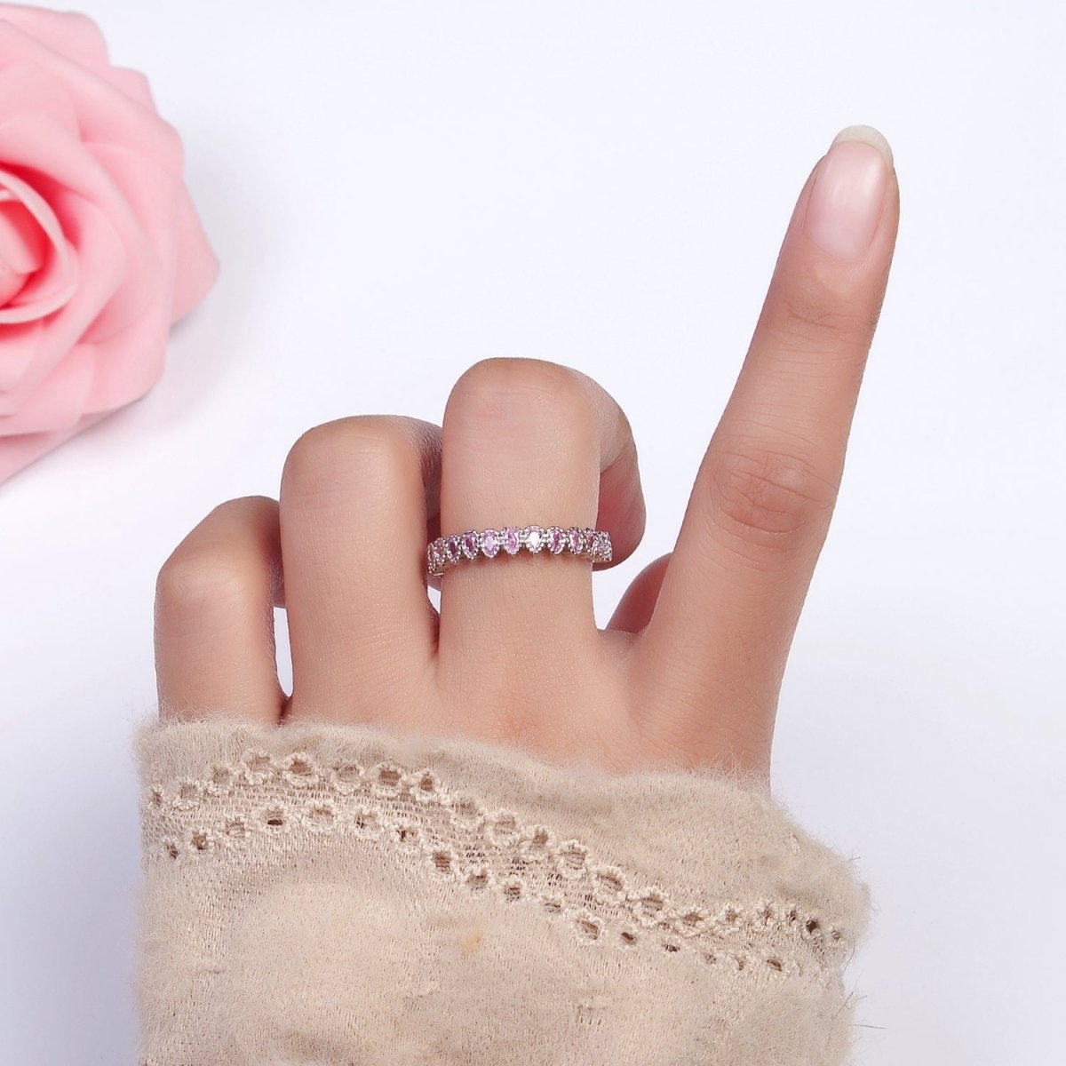 16K Gold Filled Pink CZ Teardrop Lined Open Adjustable Ring in Gold & Silver | O-1603 O-1604