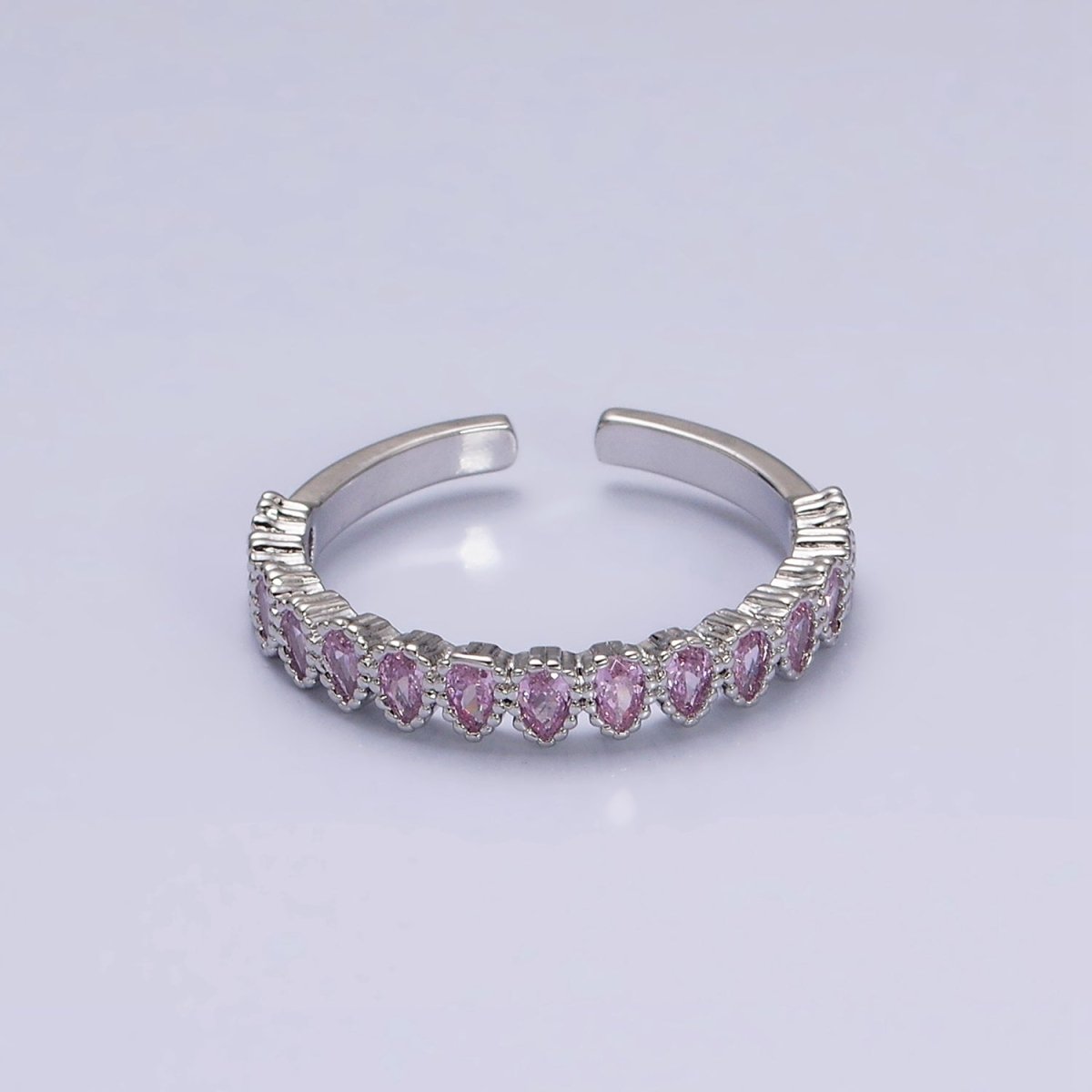 16K Gold Filled Pink CZ Teardrop Lined Open Adjustable Ring in Gold & Silver | O-1603 O-1604