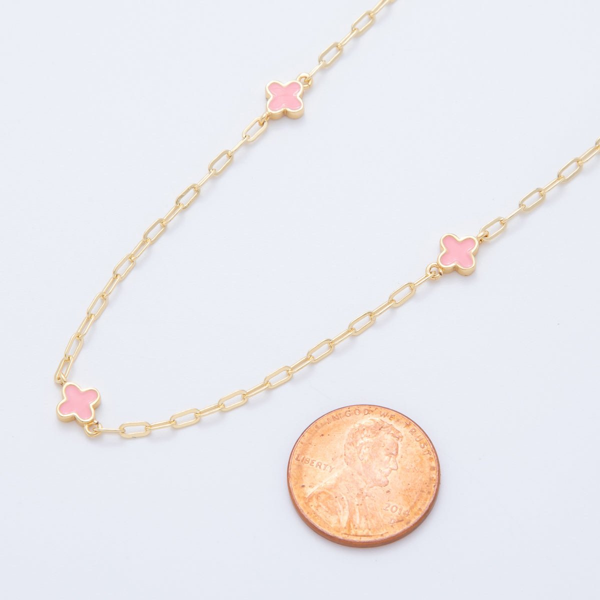 16K Gold Filled Pink Quatrefoil Enamel Paperclip Unfinished Chain by Yard | Roll - 1596 - DLUXCA