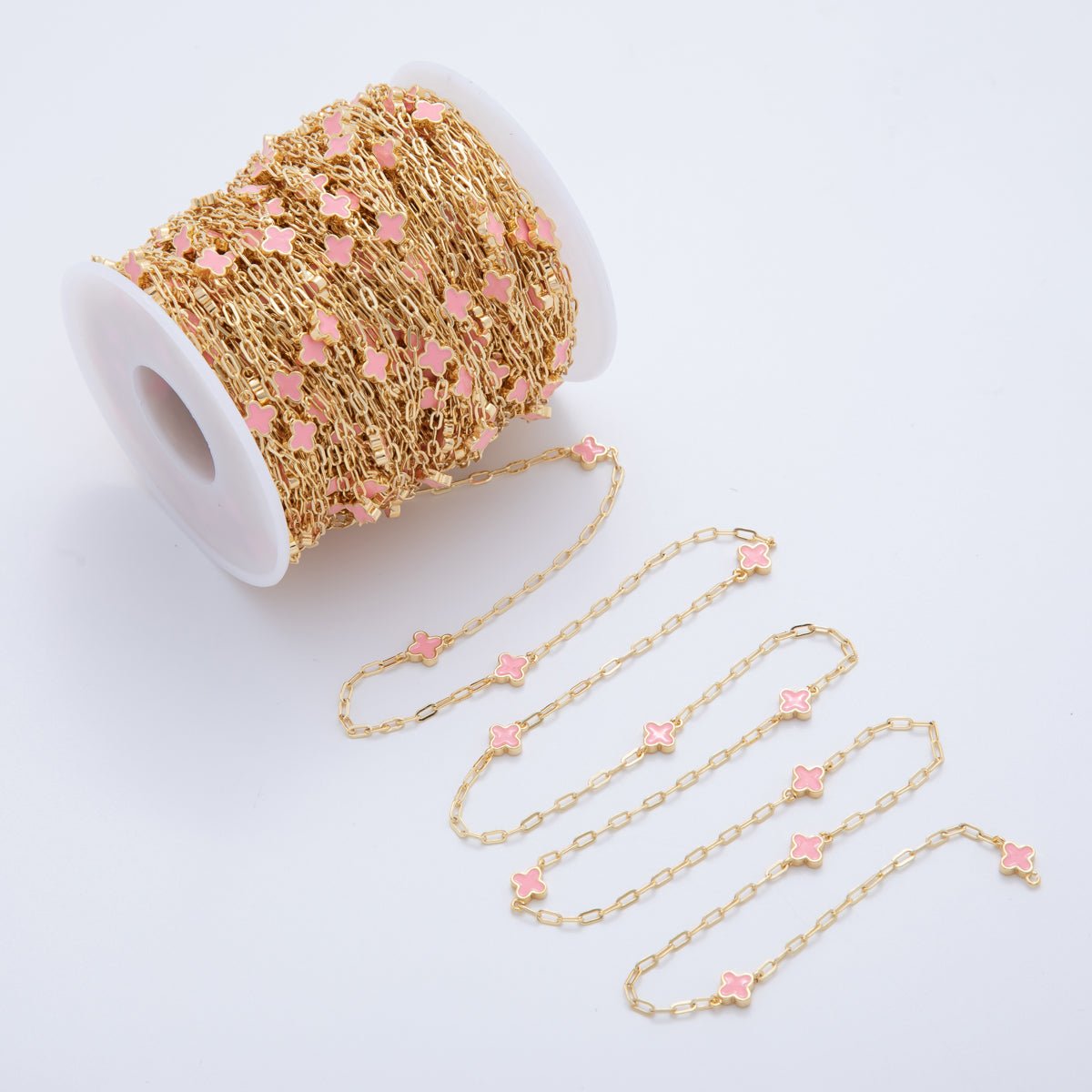 16K Gold Filled Pink Quatrefoil Enamel Paperclip Unfinished Chain by Yard | Roll - 1596 - DLUXCA