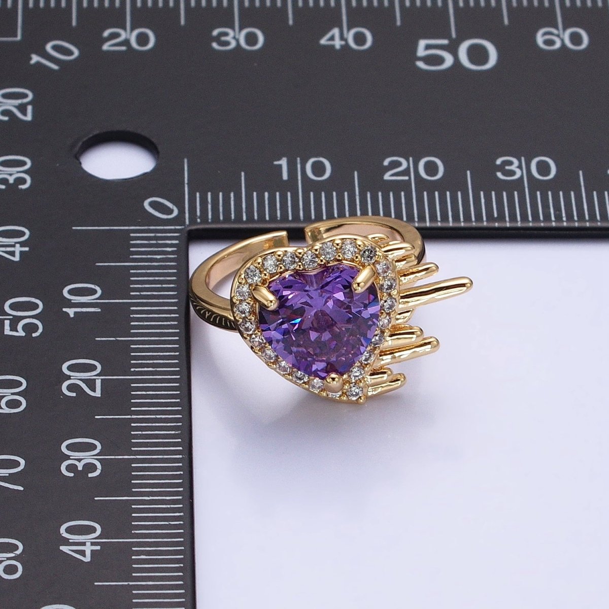 16K Gold Filled  Purple Heart Flying Swish Lined Micro Paved CZ Ring in Gold & Silver | O-1910 O-1911
