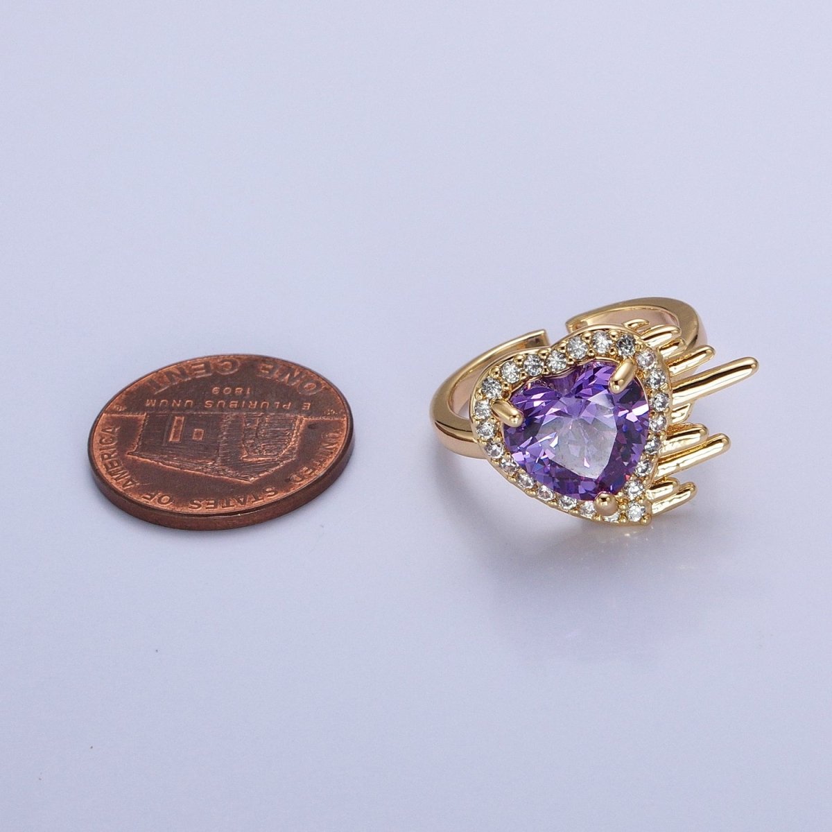 16K Gold Filled  Purple Heart Flying Swish Lined Micro Paved CZ Ring in Gold & Silver | O-1910 O-1911