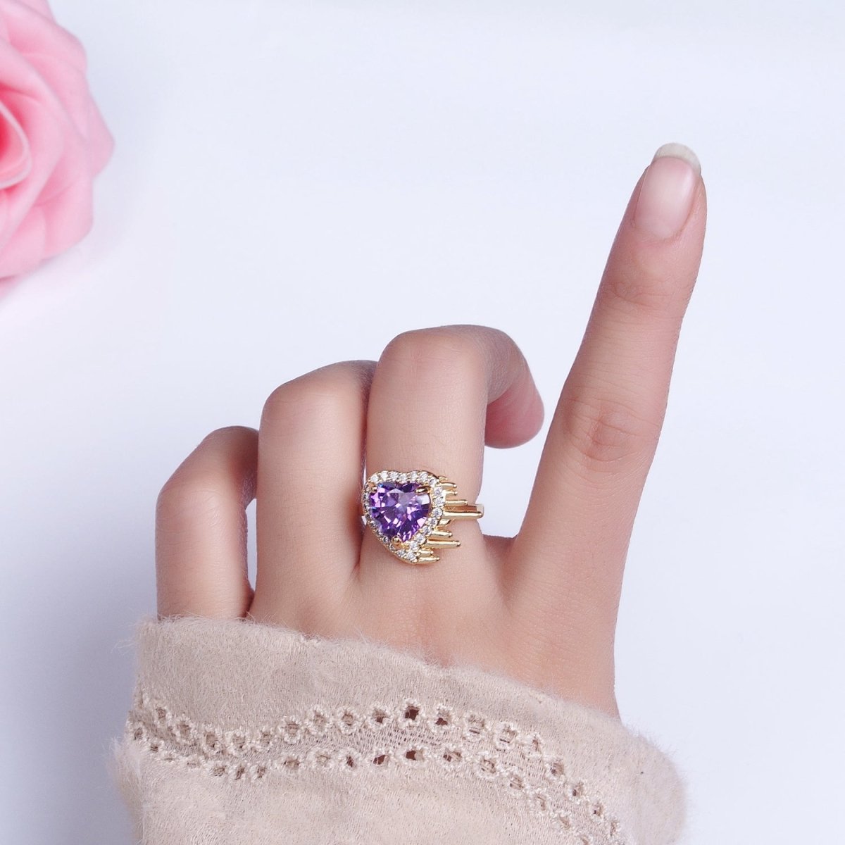 16K Gold Filled  Purple Heart Flying Swish Lined Micro Paved CZ Ring in Gold & Silver | O-1910 O-1911