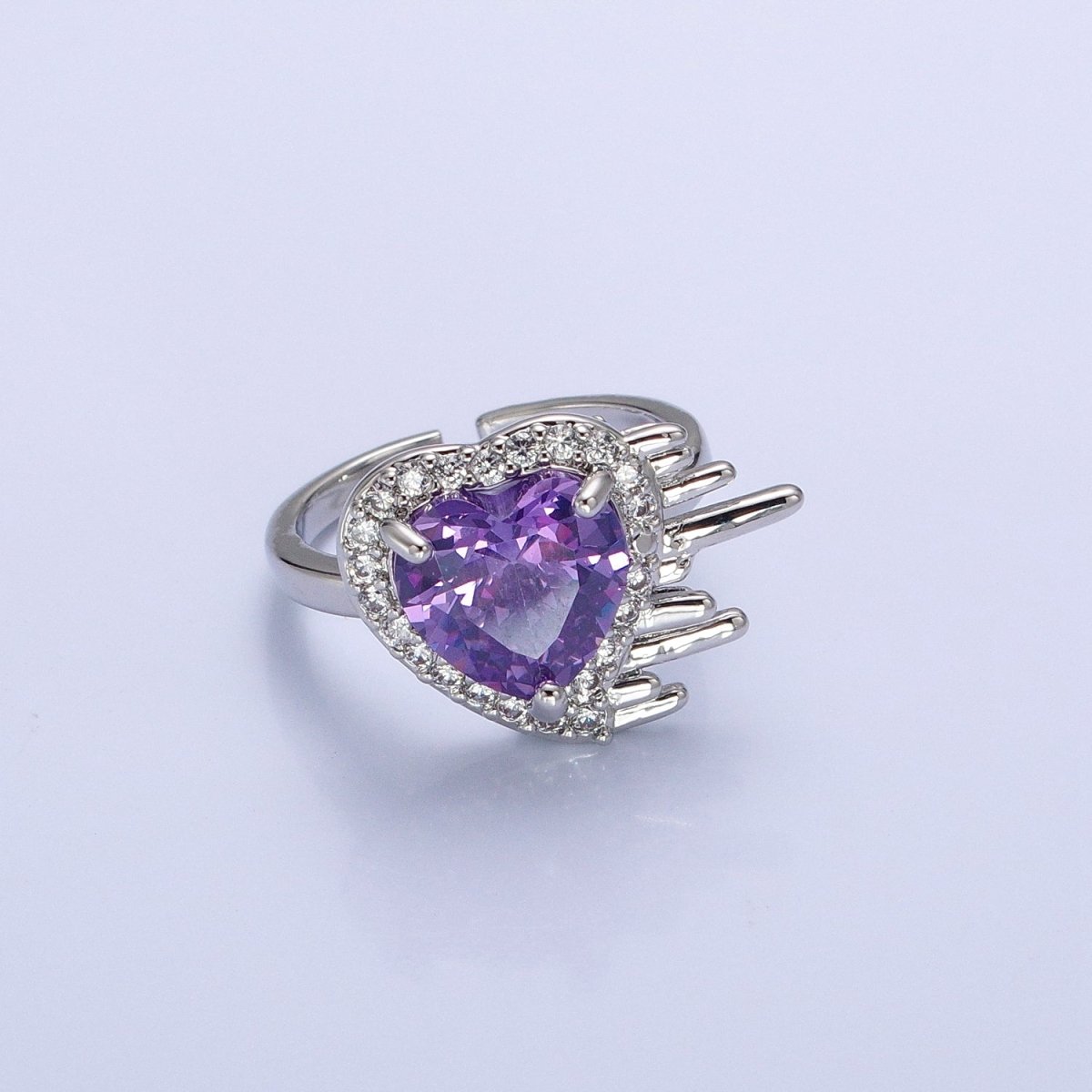 16K Gold Filled  Purple Heart Flying Swish Lined Micro Paved CZ Ring in Gold & Silver | O-1910 O-1911