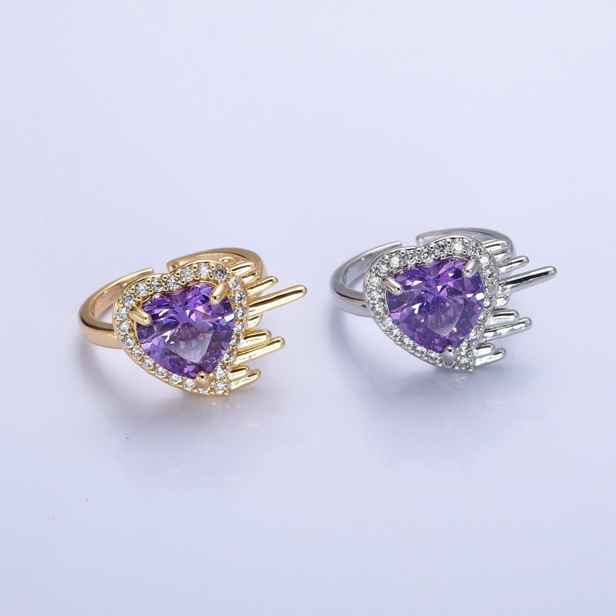 16K Gold Filled  Purple Heart Flying Swish Lined Micro Paved CZ Ring in Gold & Silver | O-1910 O-1911