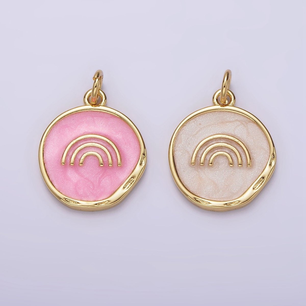 16K Gold Filled Rainbow Doodle Broken White, Pink Sparkly Enamel Stamped Dented Round Charm | AG156 AG157