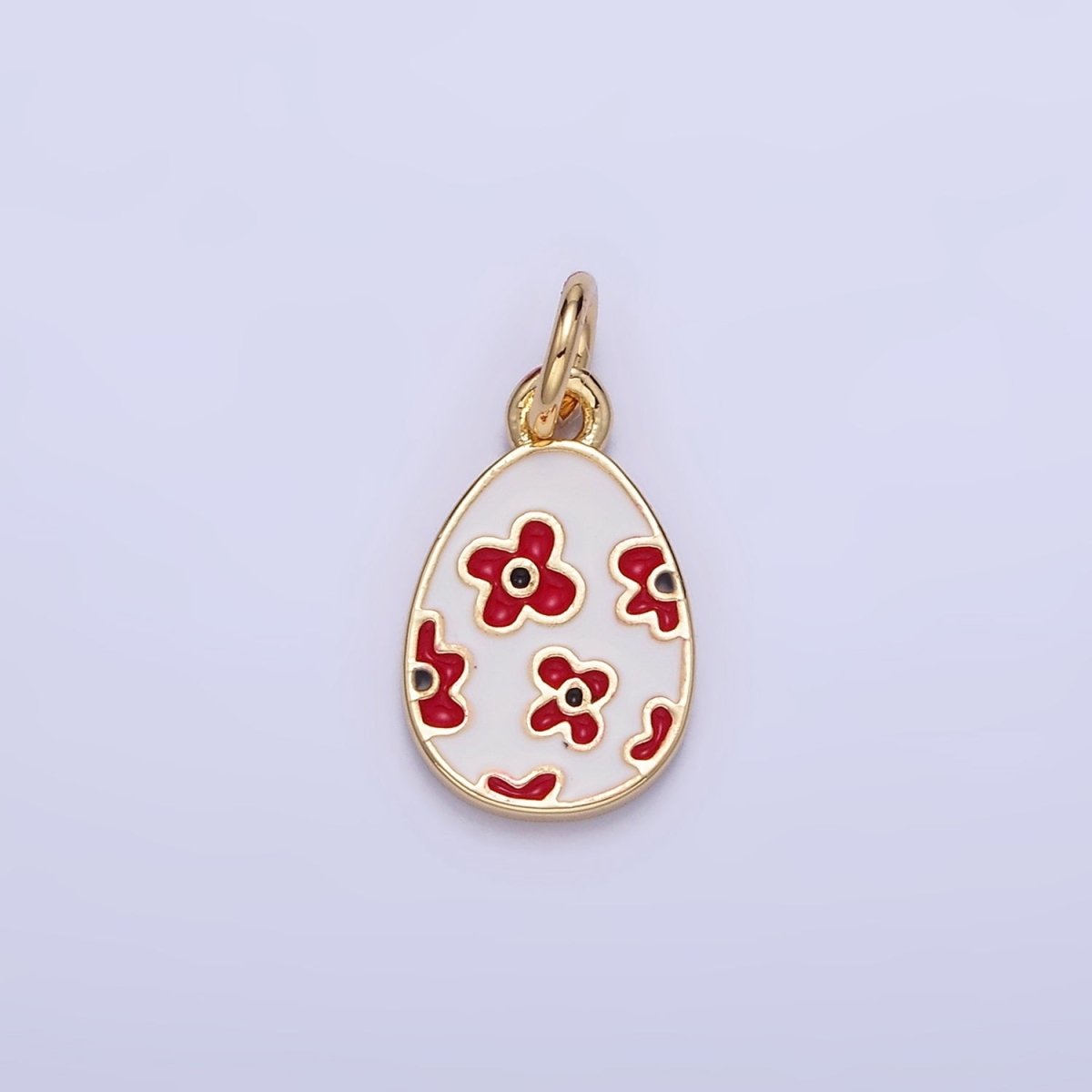 16K Gold Filled Red Flower White Enamel Easter Egg Charm | C030 - DLUXCA