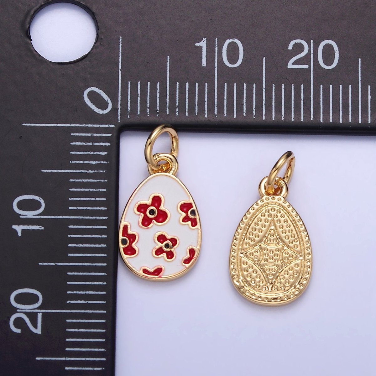 16K Gold Filled Red Flower White Enamel Easter Egg Charm | C030 - DLUXCA