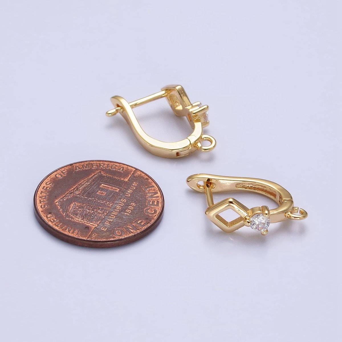 16K Gold Filled Rhombus CZ Open Loop English Lock Earrings Supply in Silver & Gold | Z-207 Z-331