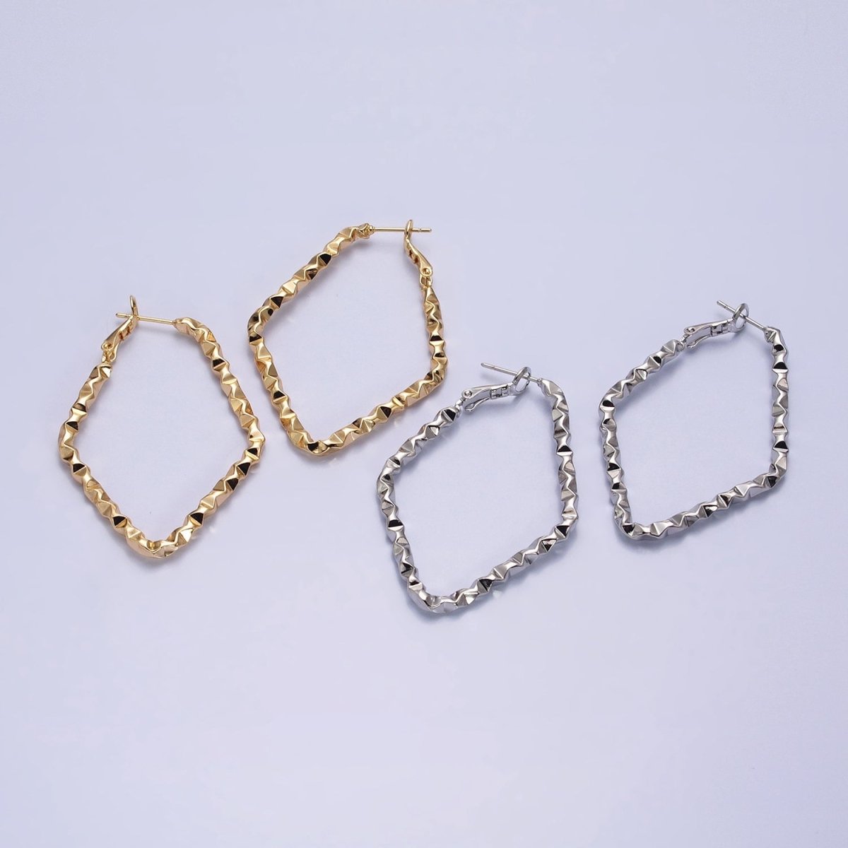 16K Gold Filled Rhombus Dented Geometric Hinge Hoop Earrings in Gold & Silver | AB1488 AB1489