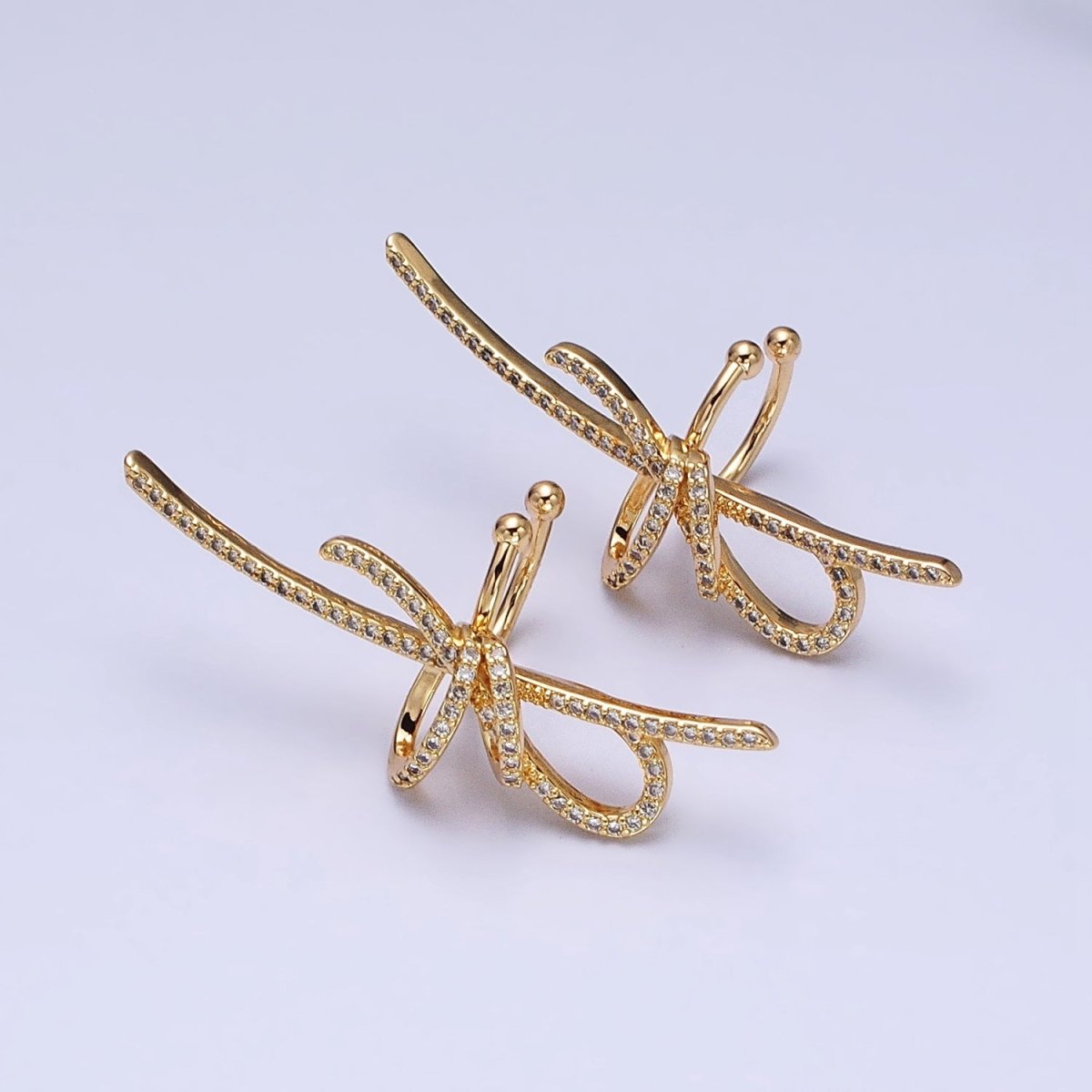 16K Gold Filled Ribbon Linear Micro Paved CZ Statement Ear Cuff Earrings in Gold & Silver | AI-009 AI-010
