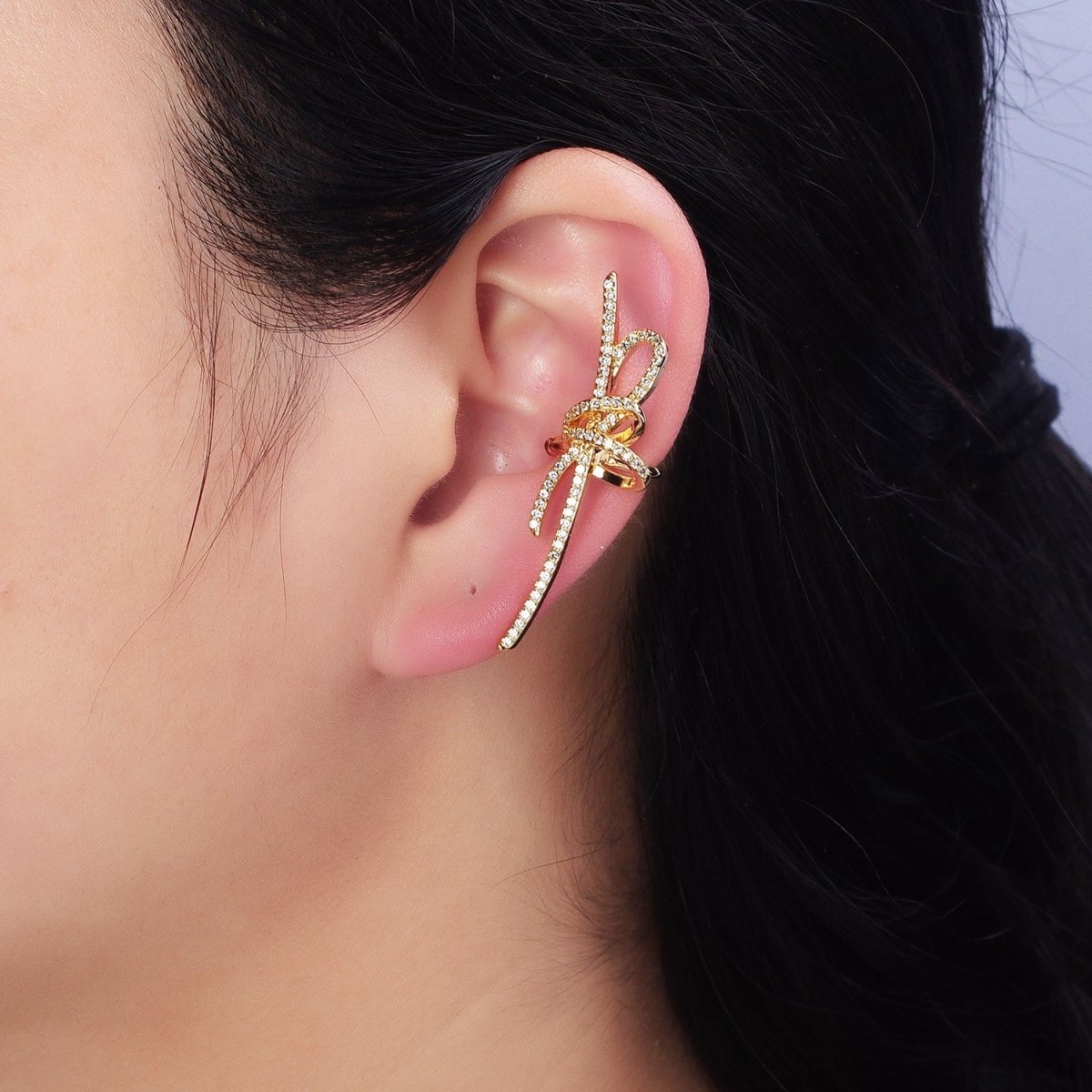 16K Gold Filled Ribbon Linear Micro Paved CZ Statement Ear Cuff Earrings in Gold & Silver | AI-009 AI-010