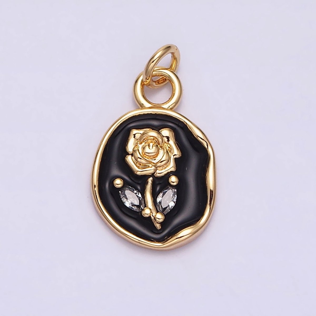 16K Gold Filled Rose Flower Marquise Leaf White, Pink, Black Sparkly Enamel Stamped Oval Charm | AC1081 - AC1086