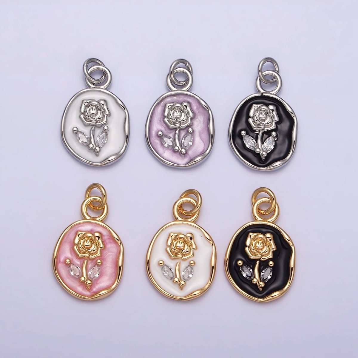 16K Gold Filled Rose Flower Marquise Leaf White, Pink, Black Sparkly Enamel Stamped Oval Charm | AC1081 - AC1086