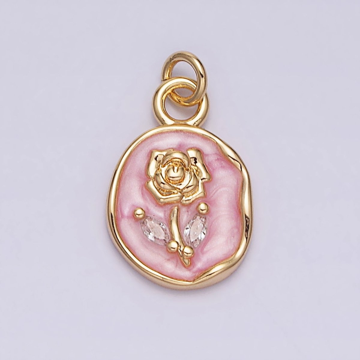 16K Gold Filled Rose Flower Marquise Leaf White, Pink, Black Sparkly Enamel Stamped Oval Charm | AC1081 - AC1086