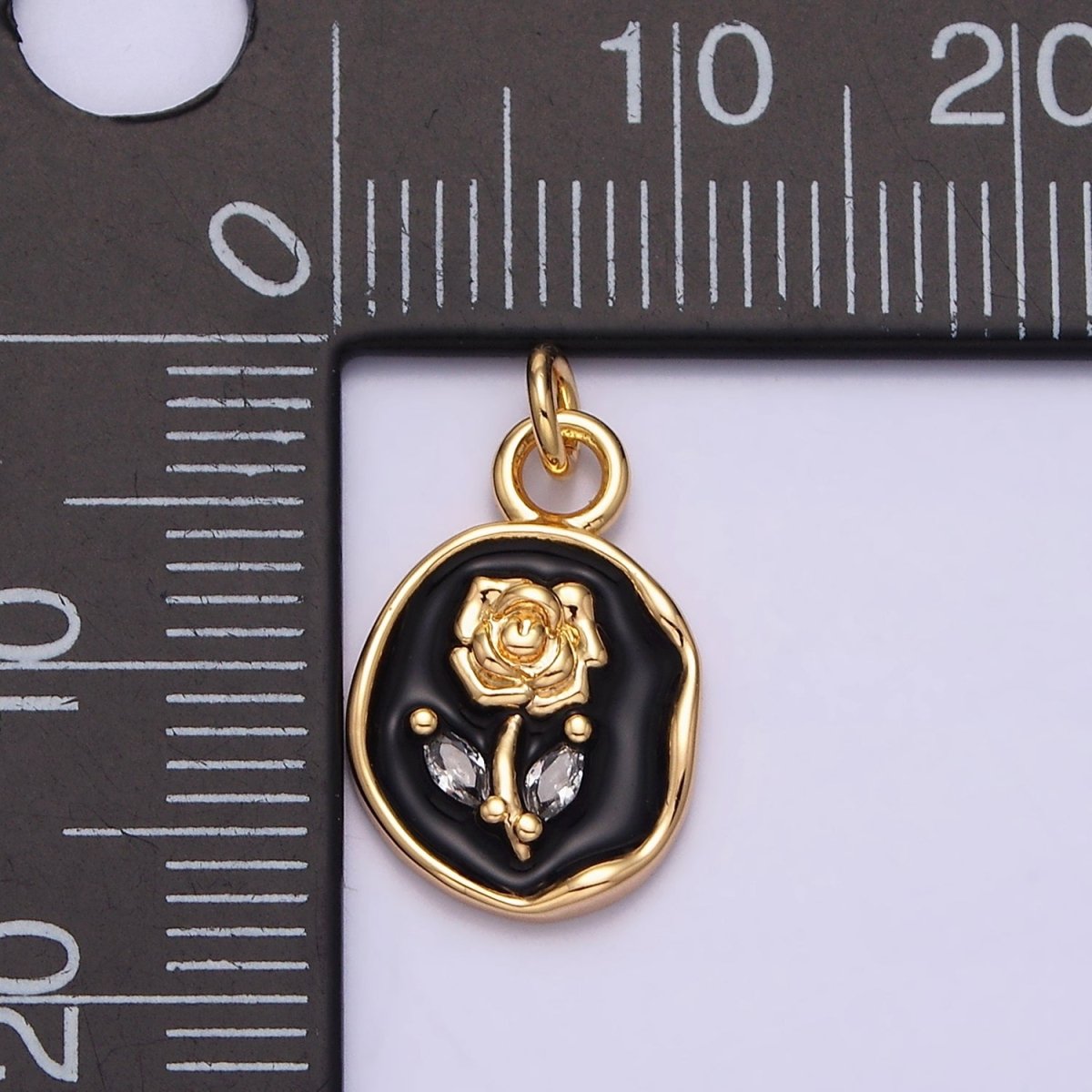 16K Gold Filled Rose Flower Marquise Leaf White, Pink, Black Sparkly Enamel Stamped Oval Charm | AC1081 - AC1086