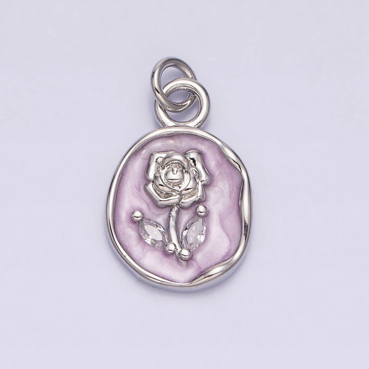 16K Gold Filled Rose Flower Marquise Leaf White, Pink, Black Sparkly Enamel Stamped Oval Charm | AC1081 - AC1086