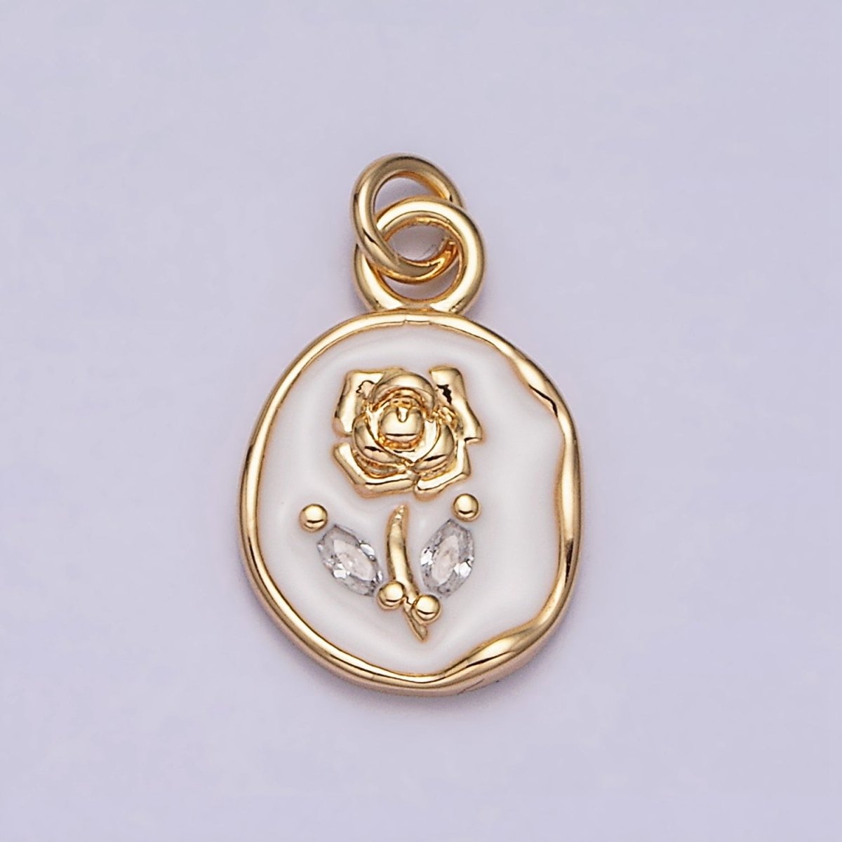 16K Gold Filled Rose Flower Marquise Leaf White, Pink, Black Sparkly Enamel Stamped Oval Charm | AC1081 - AC1086
