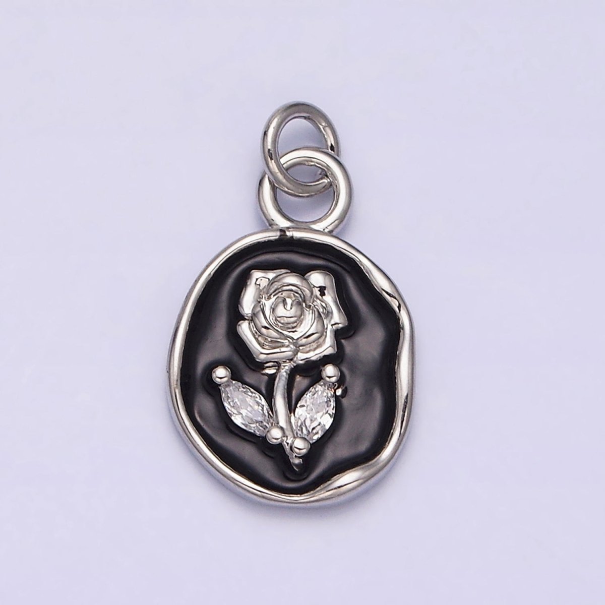 16K Gold Filled Rose Flower Marquise Leaf White, Pink, Black Sparkly Enamel Stamped Oval Charm | AC1081 - AC1086