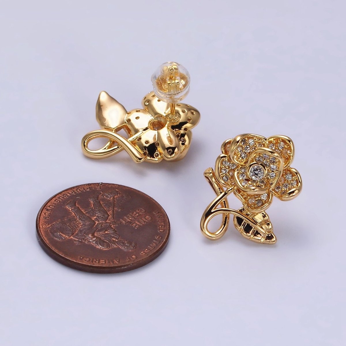16K Gold Filled Rose Flower Mature Micro Paved CZ Stud Earrings in Gold | AD1259