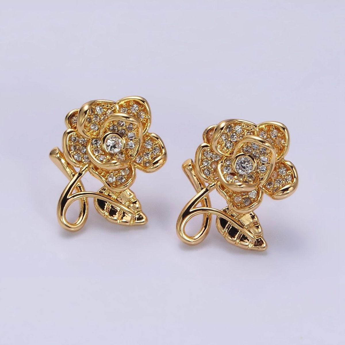 16K Gold Filled Rose Flower Mature Micro Paved CZ Stud Earrings in Gold | AD1259