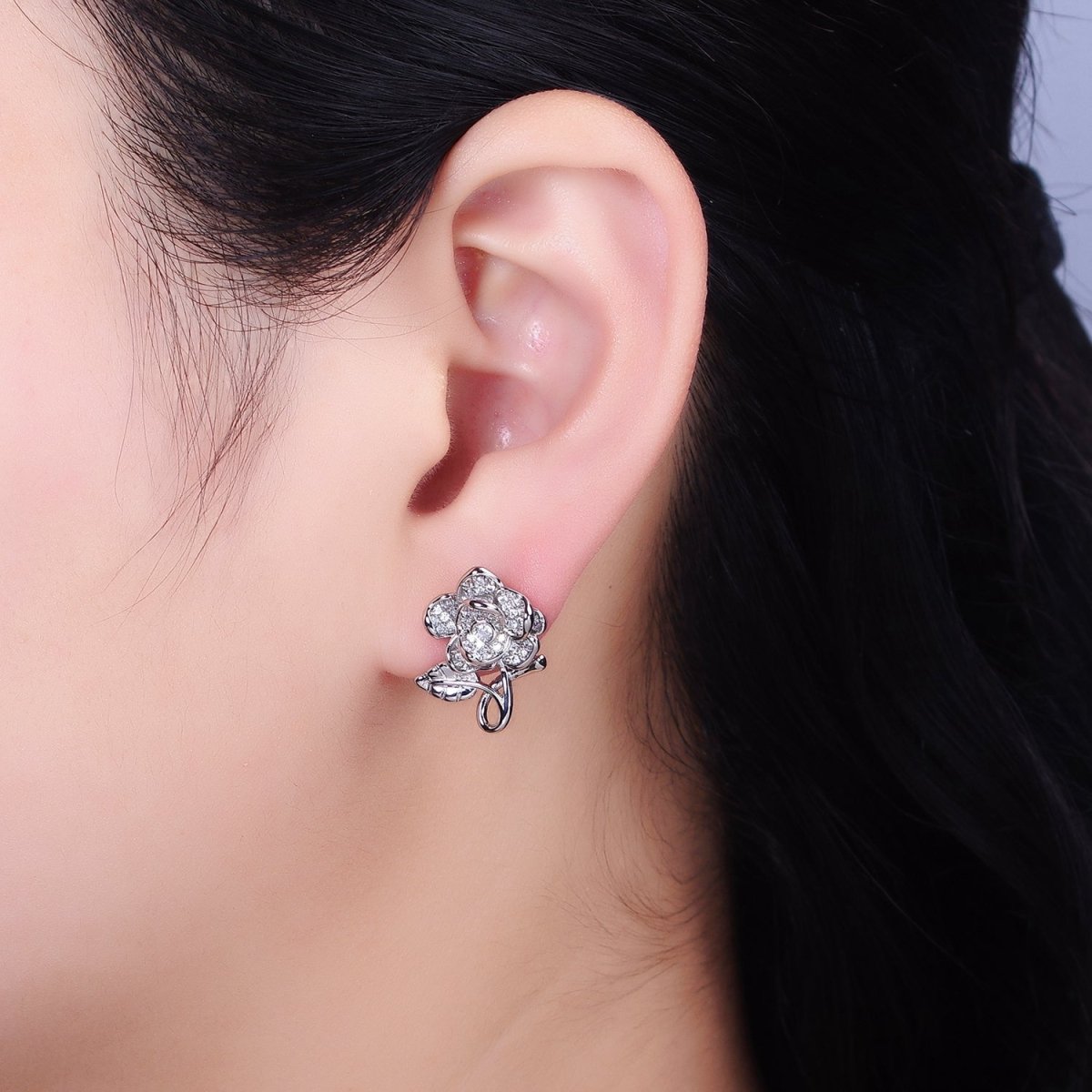 16K Gold Filled Rose Flower Mature Micro Paved CZ Stud Earrings in Gold | AD1259