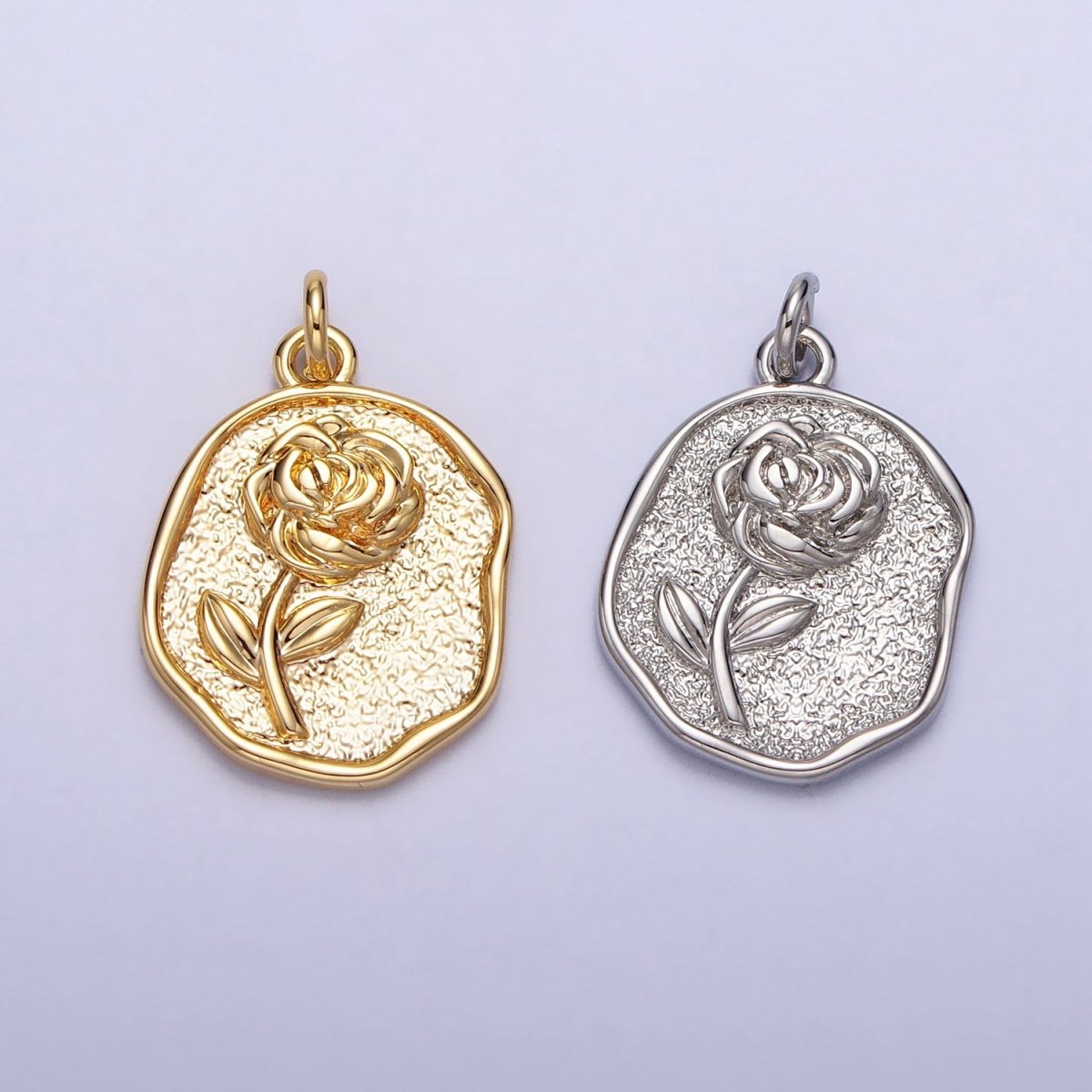 16K Gold Filled Rose Flower Textured Oval Charm in Gold & Silver | AC009 AC265