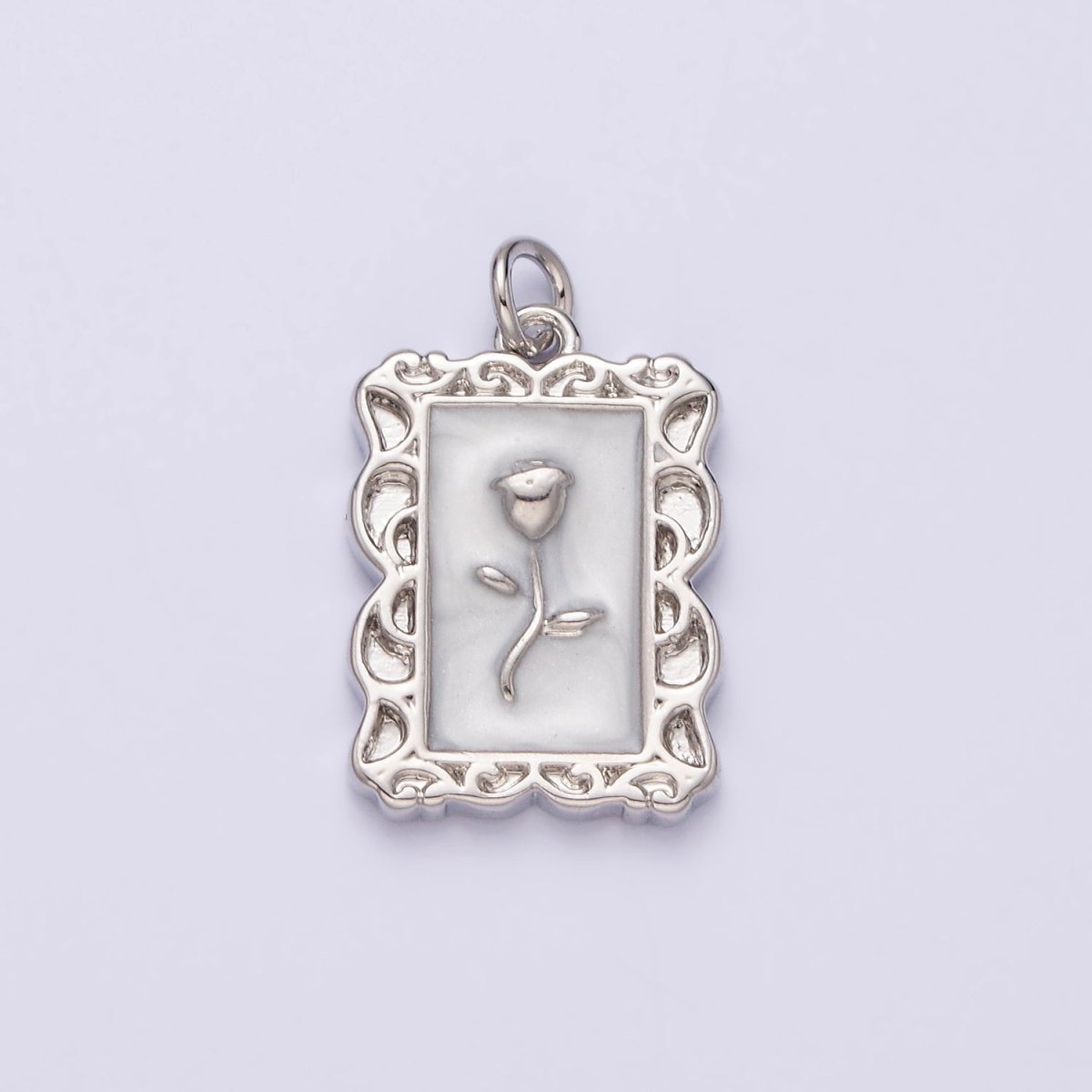 16K Gold Filled Rose Flower White, Blue, Pink Sparkly Enamel Rectangular Charm in Gold & Silver | AC1350 - AC1355