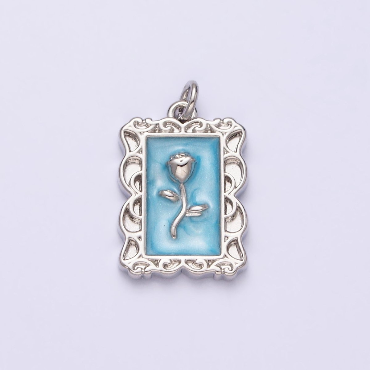 16K Gold Filled Rose Flower White, Blue, Pink Sparkly Enamel Rectangular Charm in Gold & Silver | AC1350 - AC1355