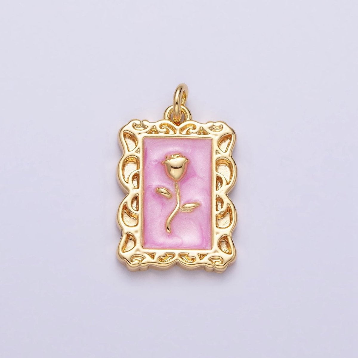 16K Gold Filled Rose Flower White, Blue, Pink Sparkly Enamel Rectangular Charm in Gold & Silver | AC1350 - AC1355