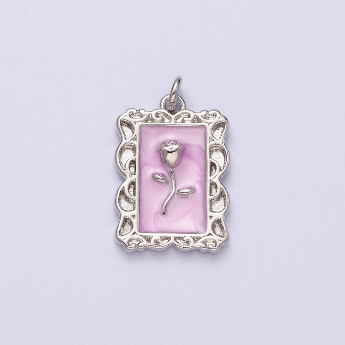 16K Gold Filled Rose Flower White, Blue, Pink Sparkly Enamel Rectangular Charm in Gold & Silver | AC1350 - AC1355