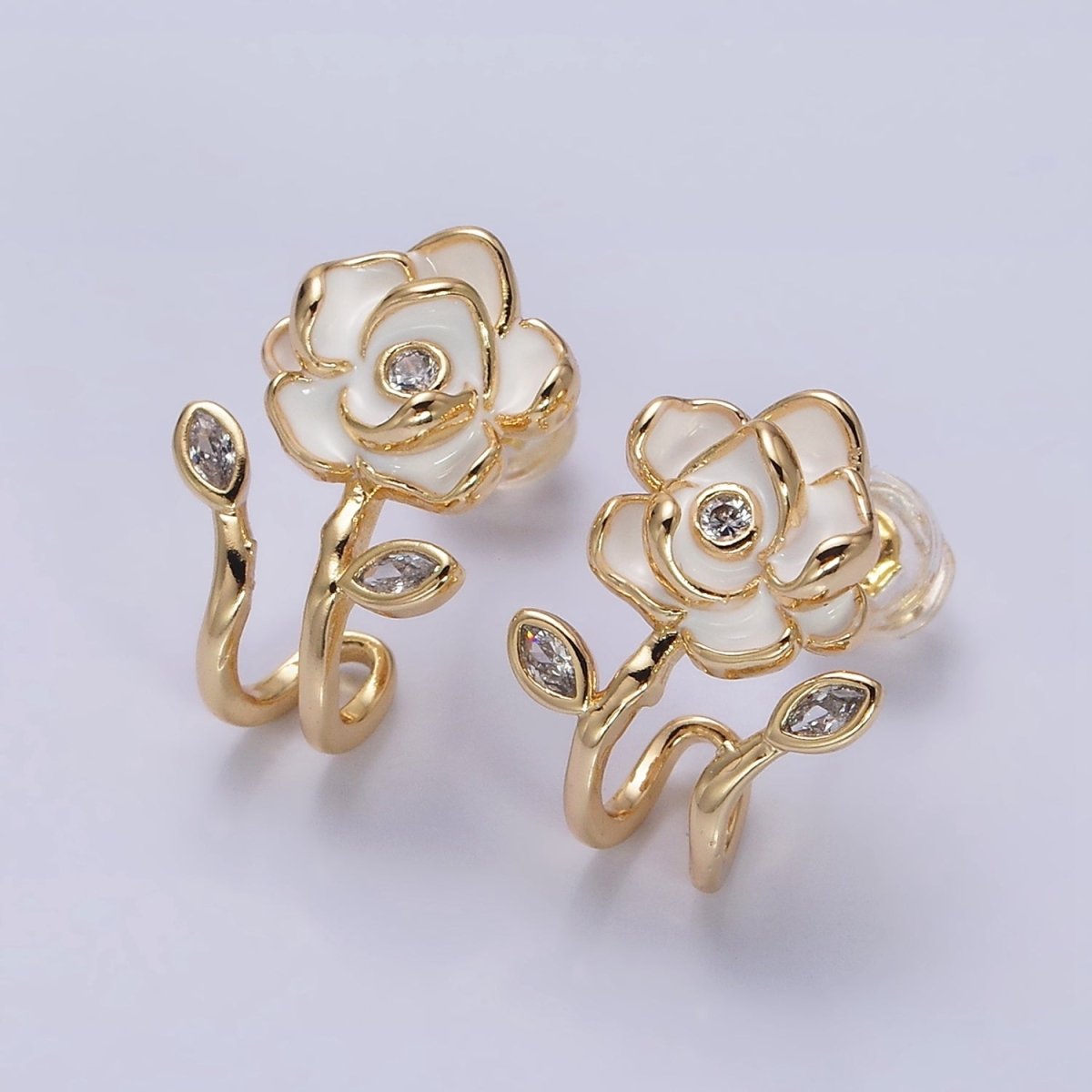 16K Gold Filled Rose Flower White Enamel Marquise CZ Cuff Stud Earrings in Gold & Silver | AD1173 AD1174