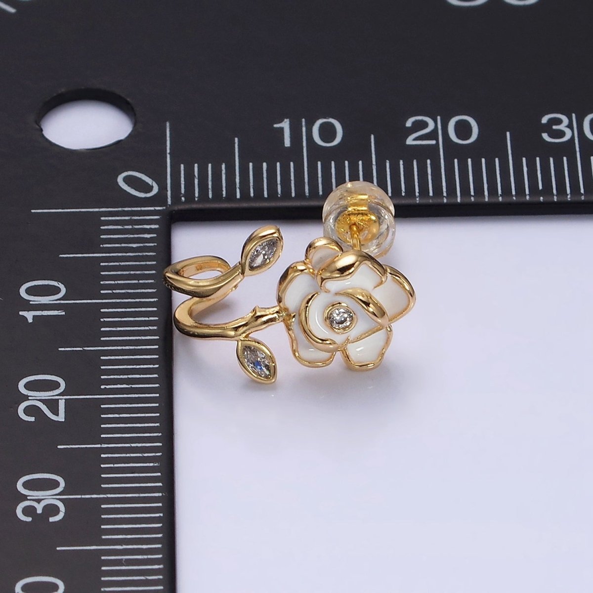 16K Gold Filled Rose Flower White Enamel Marquise CZ Cuff Stud Earrings in Gold & Silver | AD1173 AD1174