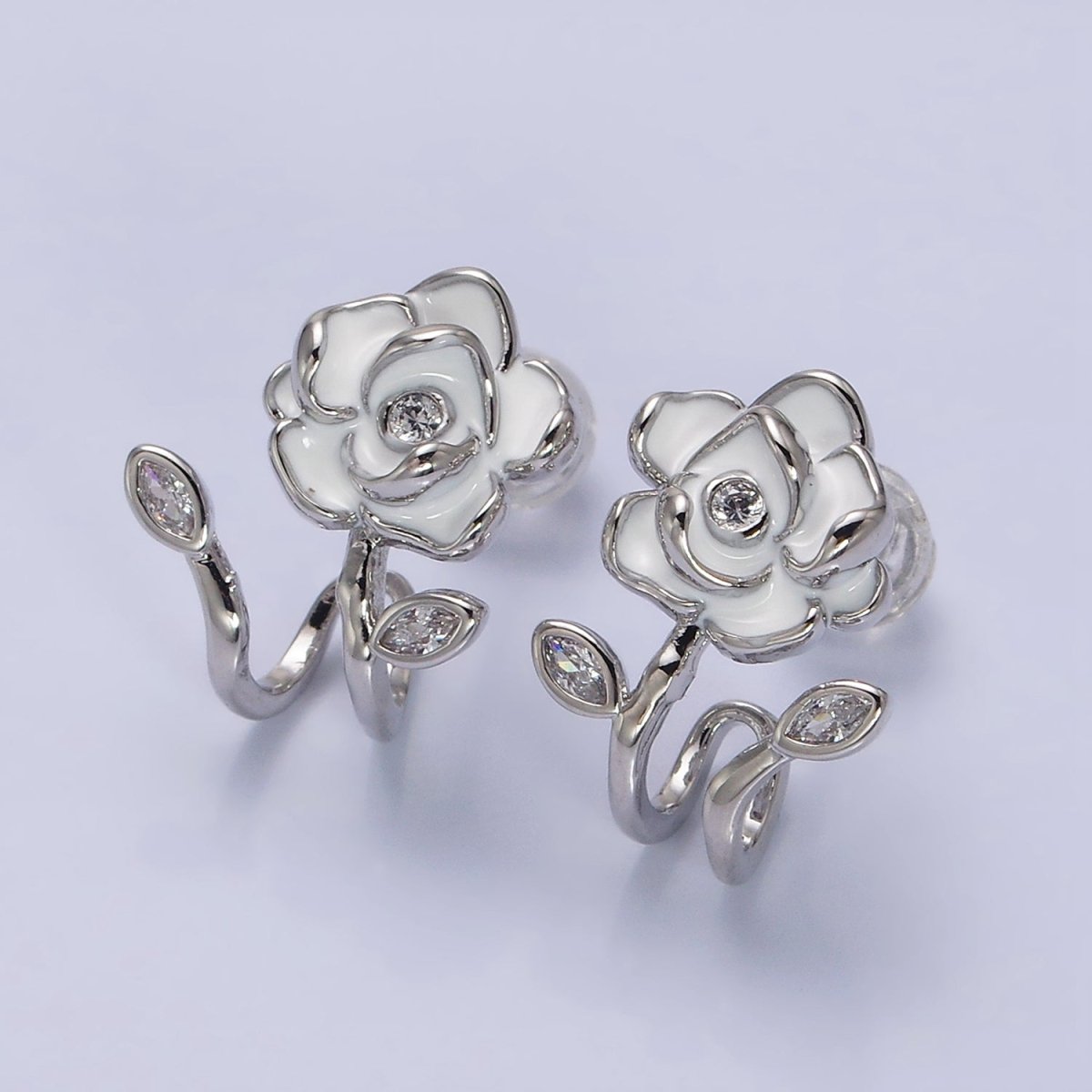 16K Gold Filled Rose Flower White Enamel Marquise CZ Cuff Stud Earrings in Gold & Silver | AD1173 AD1174