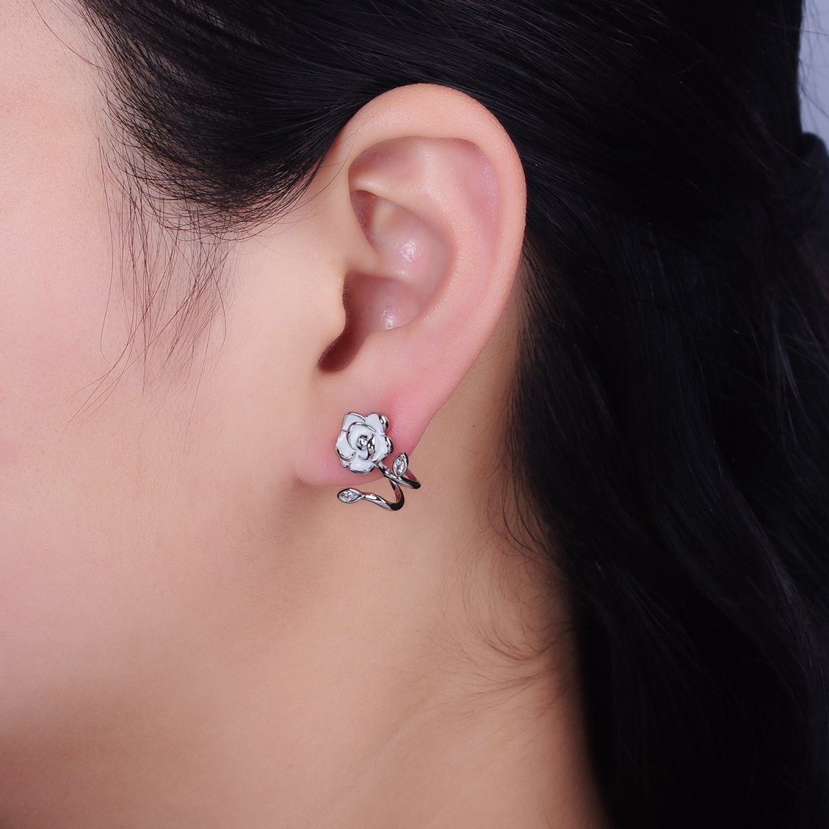 16K Gold Filled Rose Flower White Enamel Marquise CZ Cuff Stud Earrings in Gold & Silver | AD1173 AD1174