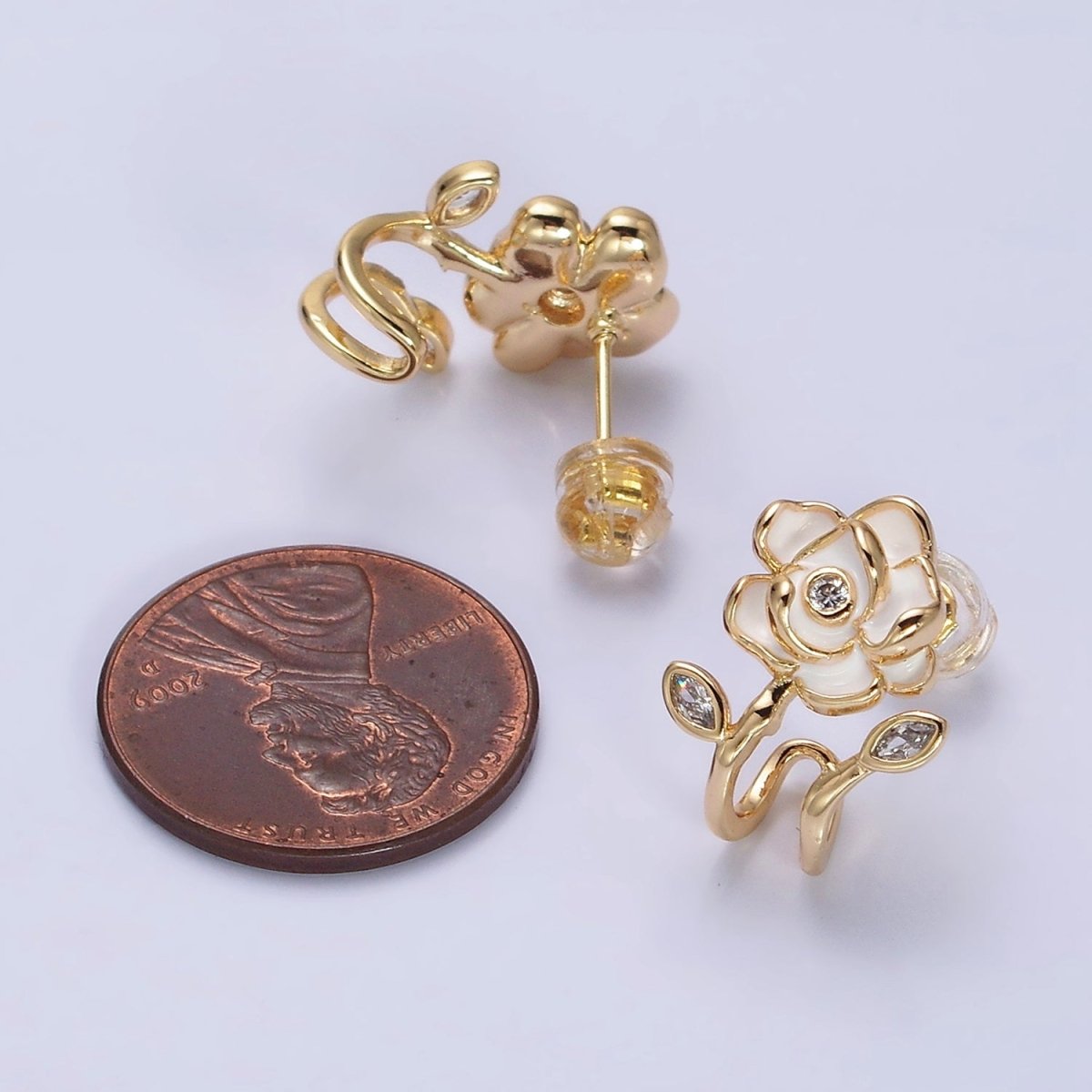 16K Gold Filled Rose Flower White Enamel Marquise CZ Cuff Stud Earrings in Gold & Silver | AD1173 AD1174