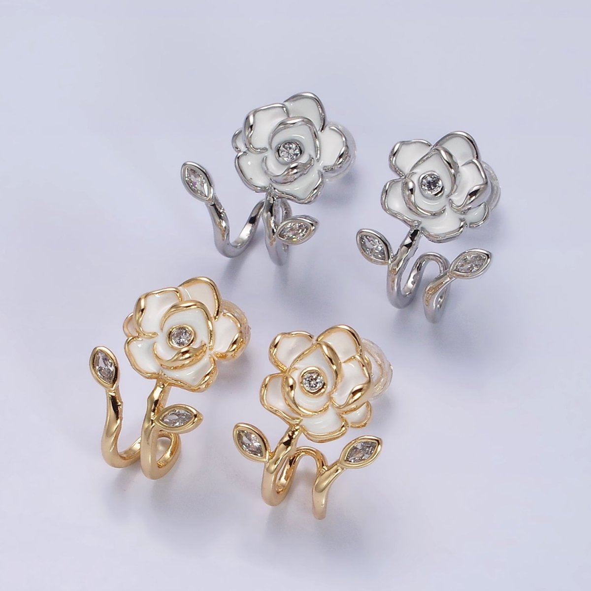 16K Gold Filled Rose Flower White Enamel Marquise CZ Cuff Stud Earrings in Gold & Silver | AD1173 AD1174