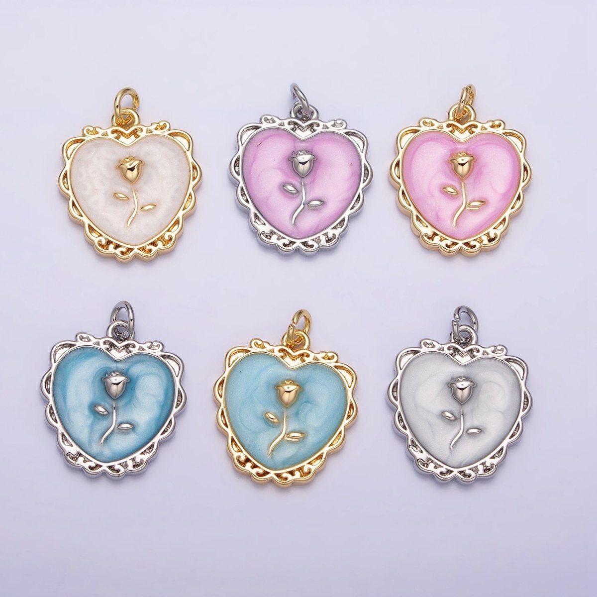16K Gold Filled Rose Flower White, Pink, Blue Sparkly Enamel Heart Charm | AC1099 - AC1104
