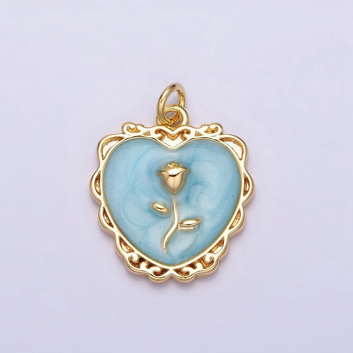 16K Gold Filled Rose Flower White, Pink, Blue Sparkly Enamel Heart Charm | AC1099 - AC1104