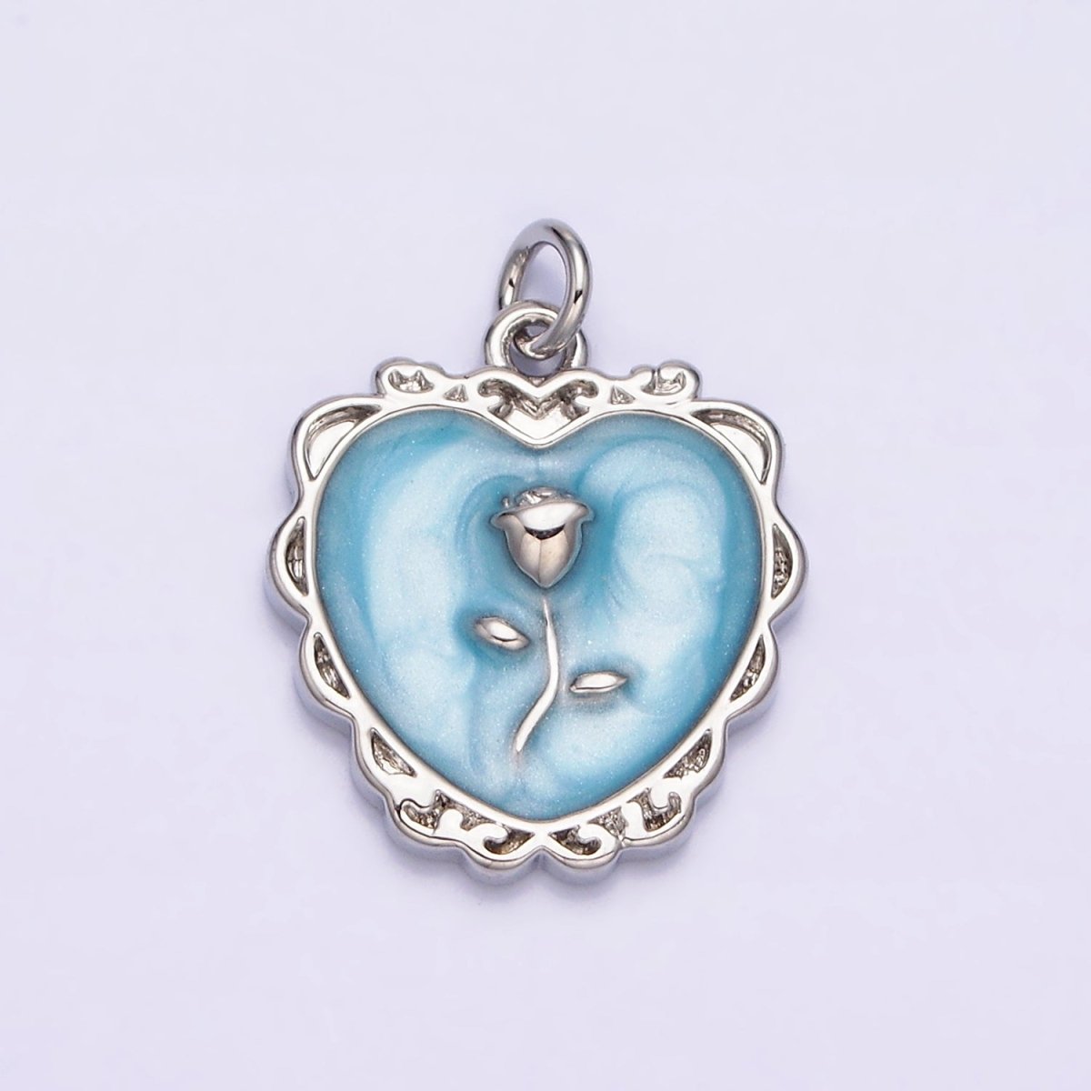 16K Gold Filled Rose Flower White, Pink, Blue Sparkly Enamel Heart Charm | AC1099 - AC1104