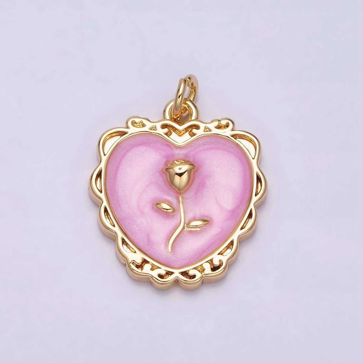 16K Gold Filled Rose Flower White, Pink, Blue Sparkly Enamel Heart Charm | AC1099 - AC1104