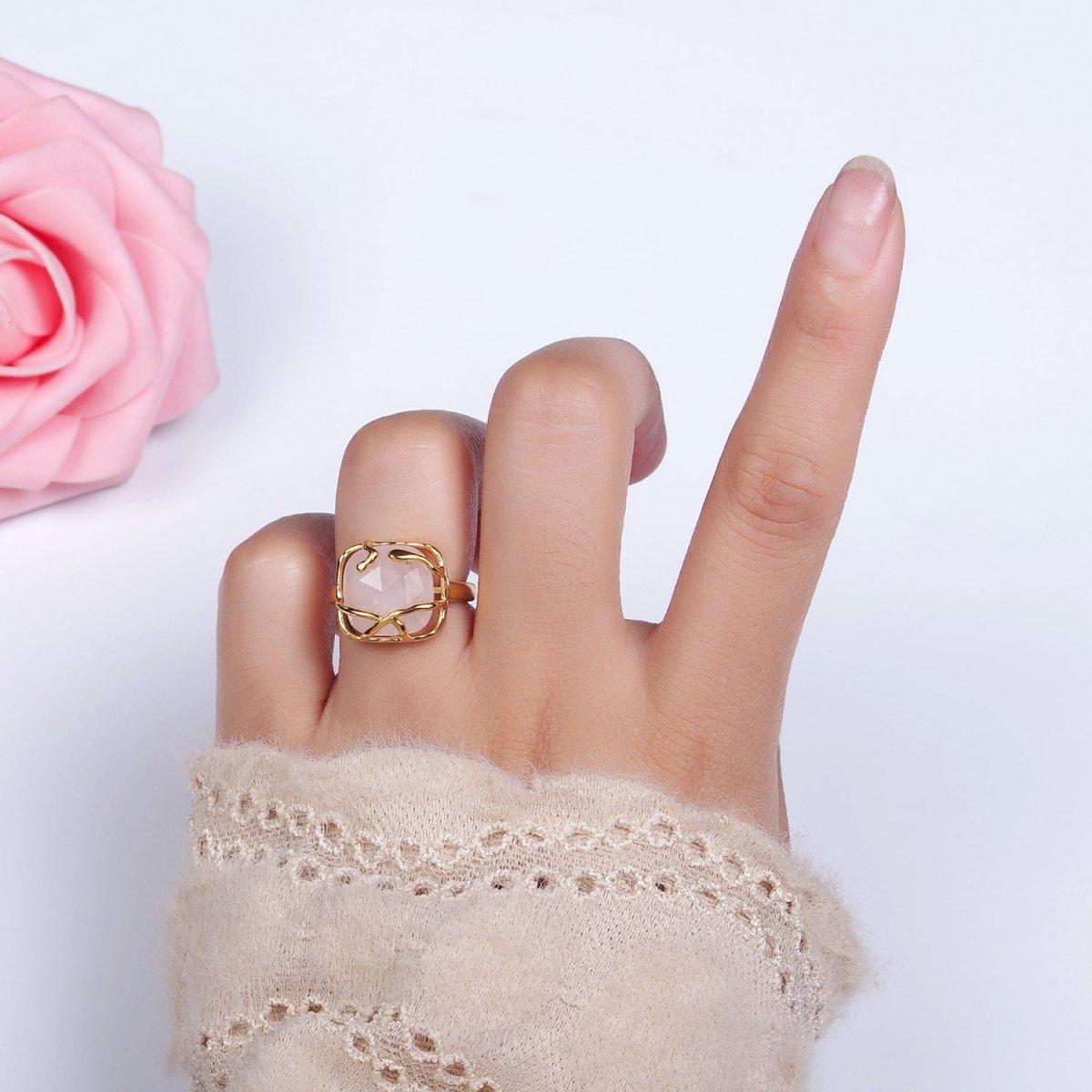 16K Gold Filled Rose Quartz, Labradorite Multifaceted Gemstone Molten Drip Ring | O-610 O-611